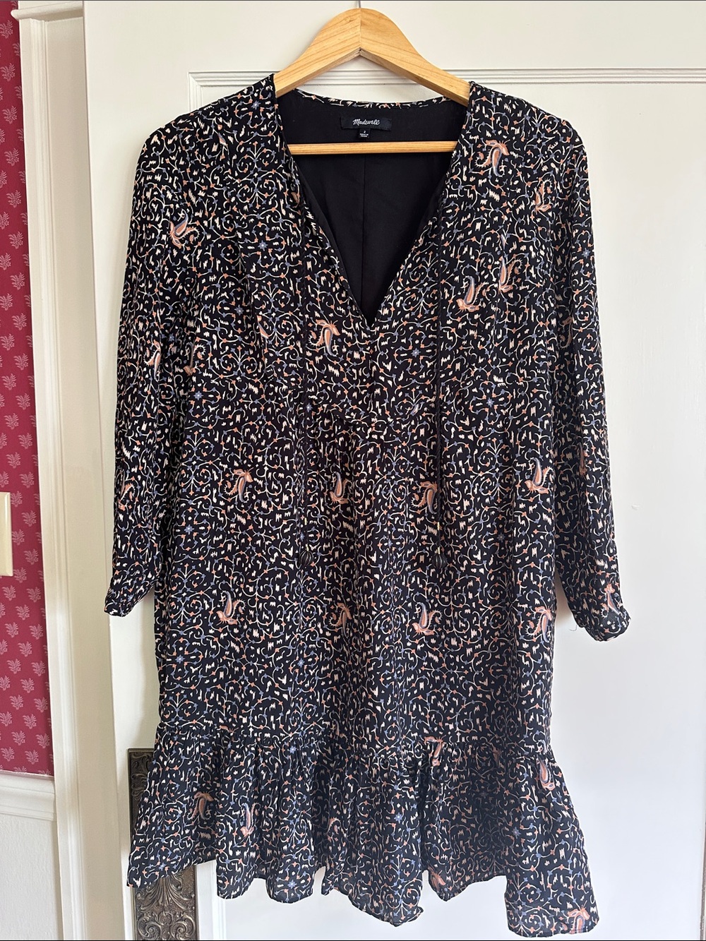 Madewell Black Dress with Pink Paisley Print and Ruffle Hem